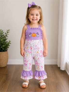 Lilac Floral Ruffle Overalls for Kids